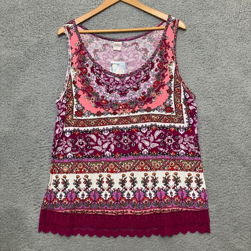 $39 NWT Bila Tank Top Women L Pink Paisley Floral Boho Beads Sequin Lace Crochet